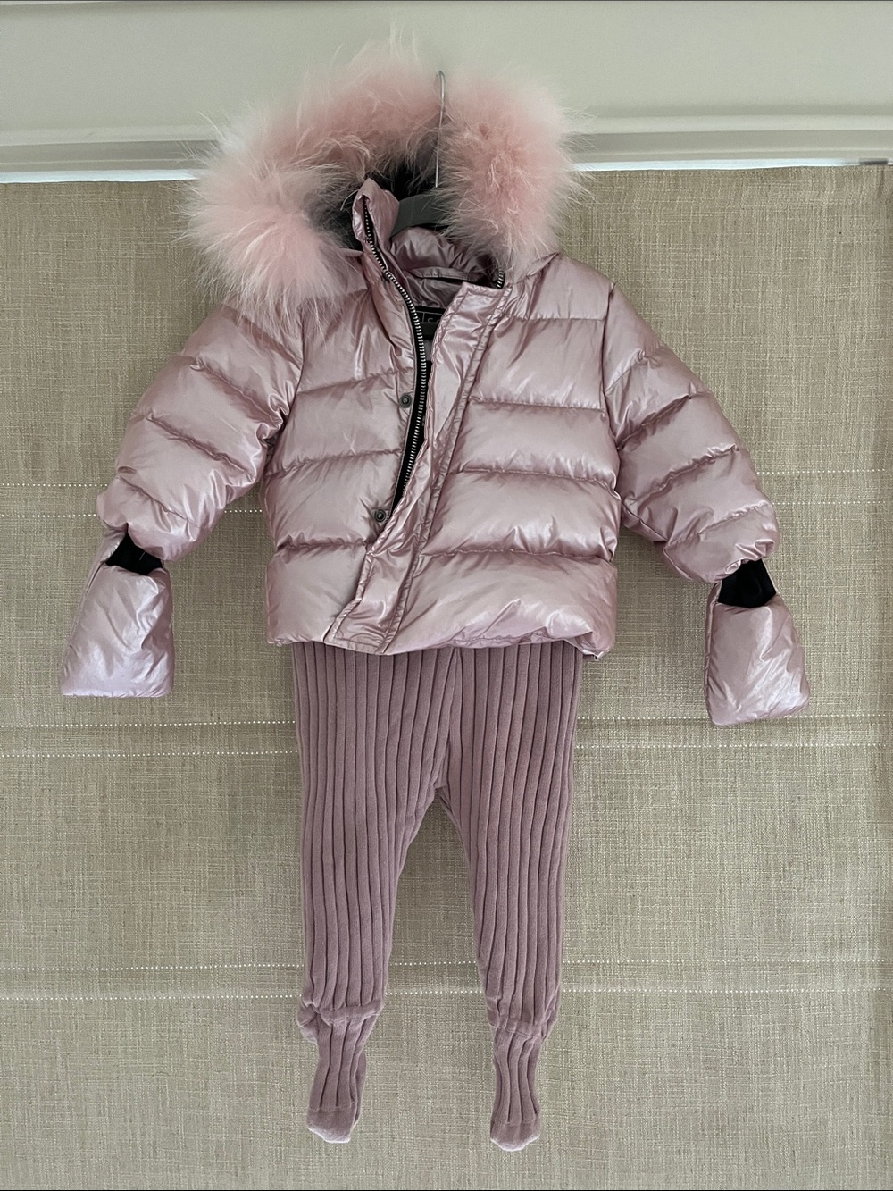 Scotch Bonnet Baby Girl Metallic Pink Winter Suit with Fur Hood
